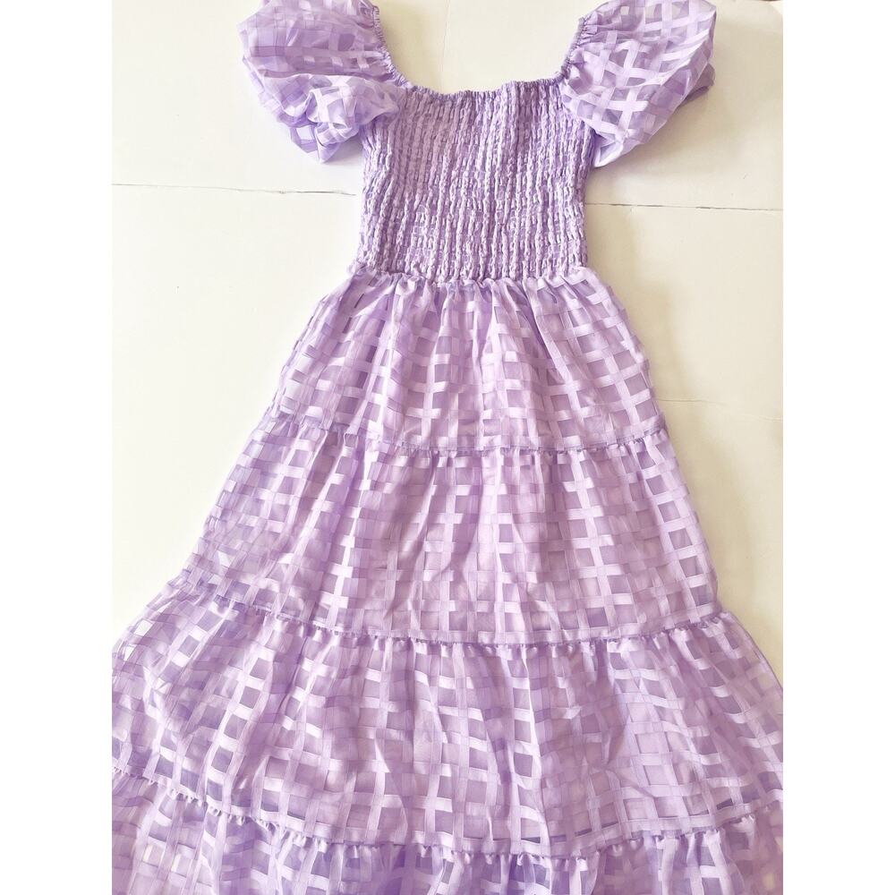 Pretty Garden Midy Dress S Light Purple Short Puff Sleeves Smocked Fairy - Picture 6 of 12